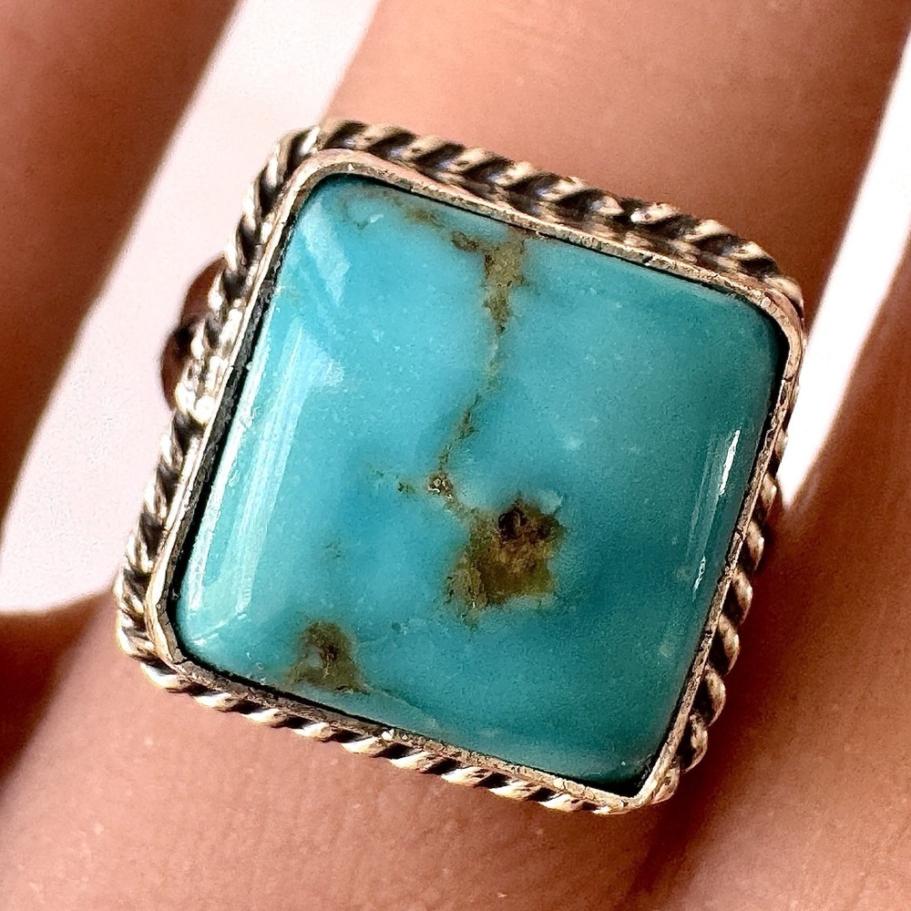 Navajo‎ Turquoise Ring Sz 8 Signed W Fish Sterling Native American Square